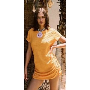 Free People beach Textured Ruched Mini Dress L Orange Bodycon Cover‎ Up resort